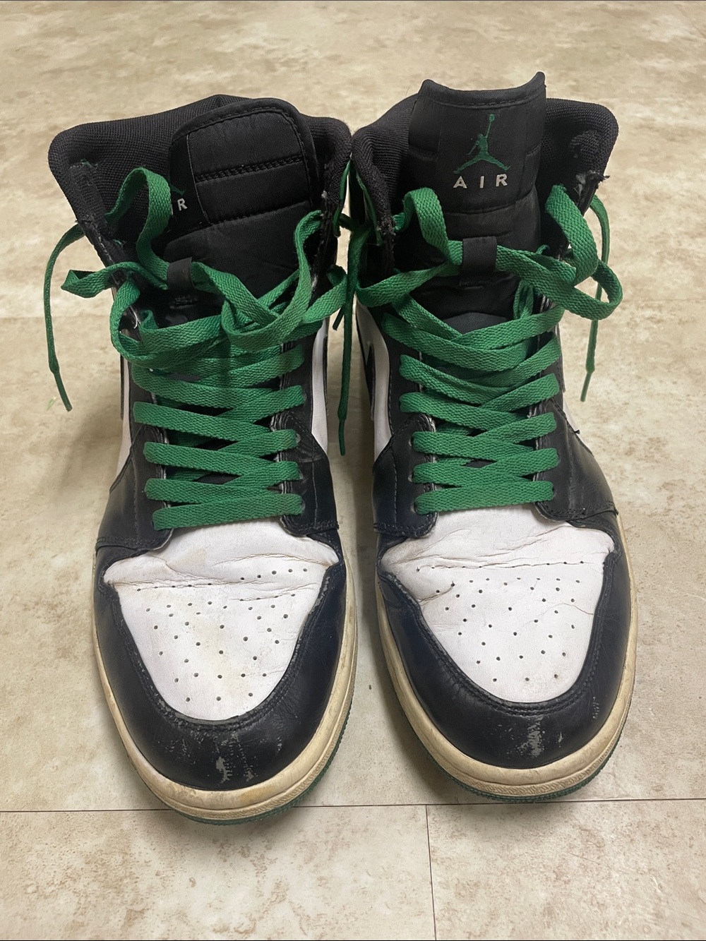 Nike Men's Black and White High-Top Sneakers with Green Laces